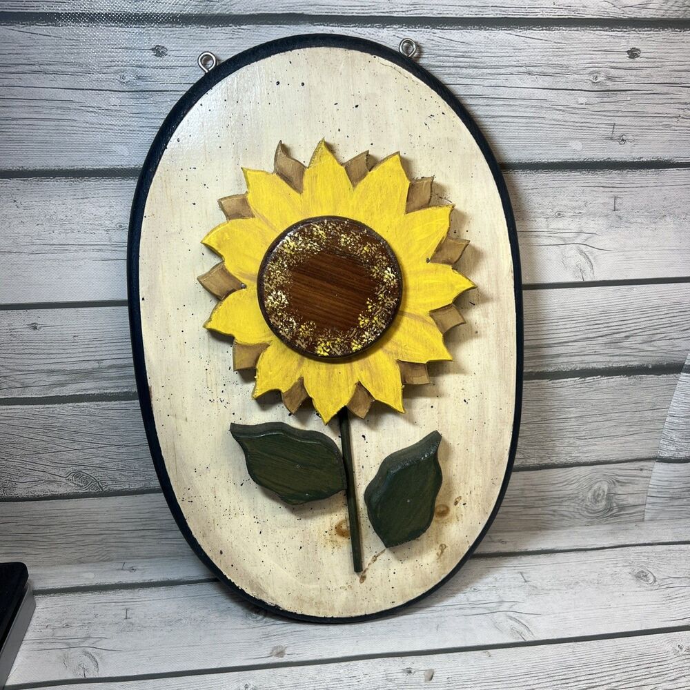 Sun Flowers Hand Carved - Painted Wooden Wall Cottage 80’s Garden Vintage 16x11